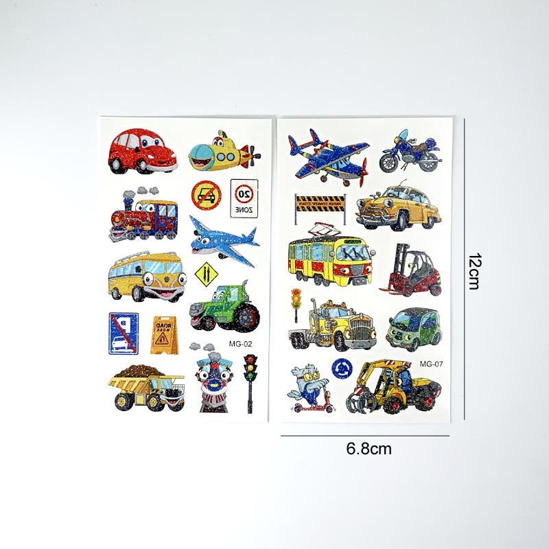 10 Fogli/Set Tatuaggi Adesivi Colorati con Polvere Glitterata Cartone Animato Animale Unicorno Principessa Veicolo Tatuaggio Temporaneo Finto per Bambini