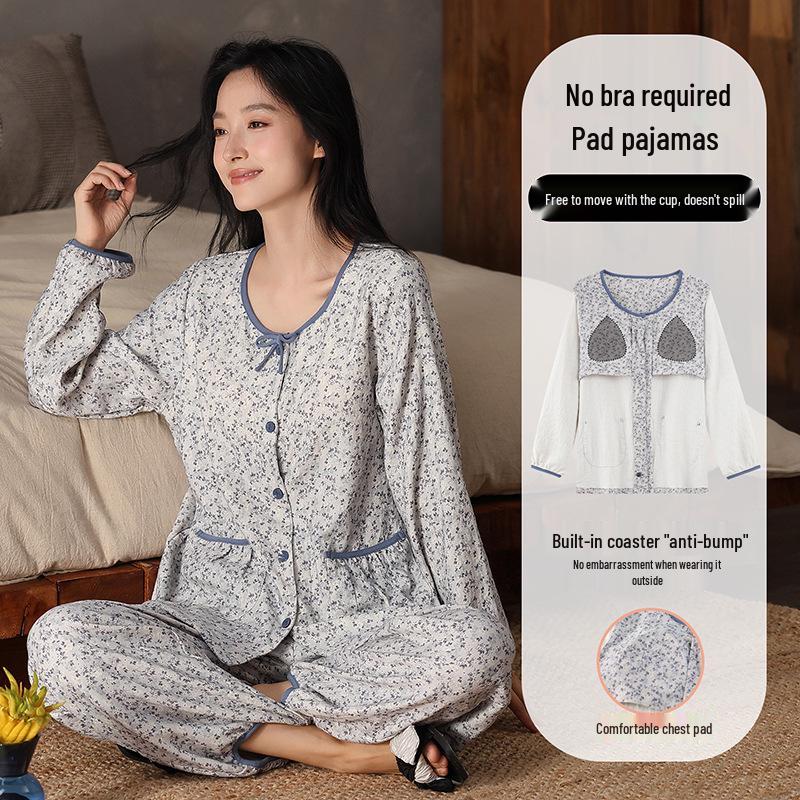 2025 Women's Cloud Cotton Cardigan Set with Chest Pads - Spring & Autumn Pure Cotton Long Sleeve Homewear