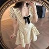 French daughter style bow short-sleeved polka dot dress women's summer new waist thin chic beautiful skirt