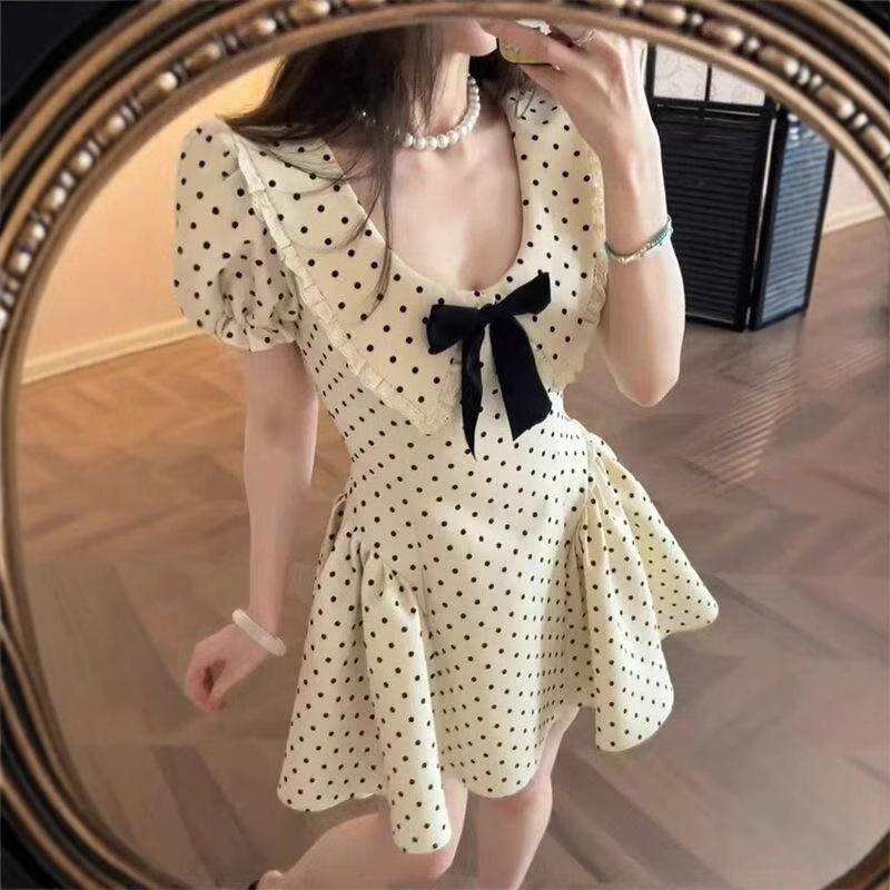 French daughter style bow short-sleeved polka dot dress women's summer new waist thin chic beautiful skirt