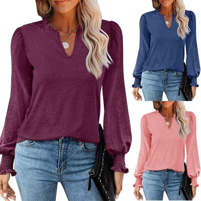 Women Plus Size Pullover V-neck Pleated Bubble Sleeve Long Sleeve T-Shirt Loose Casual Solid Sweatshirt Blouse