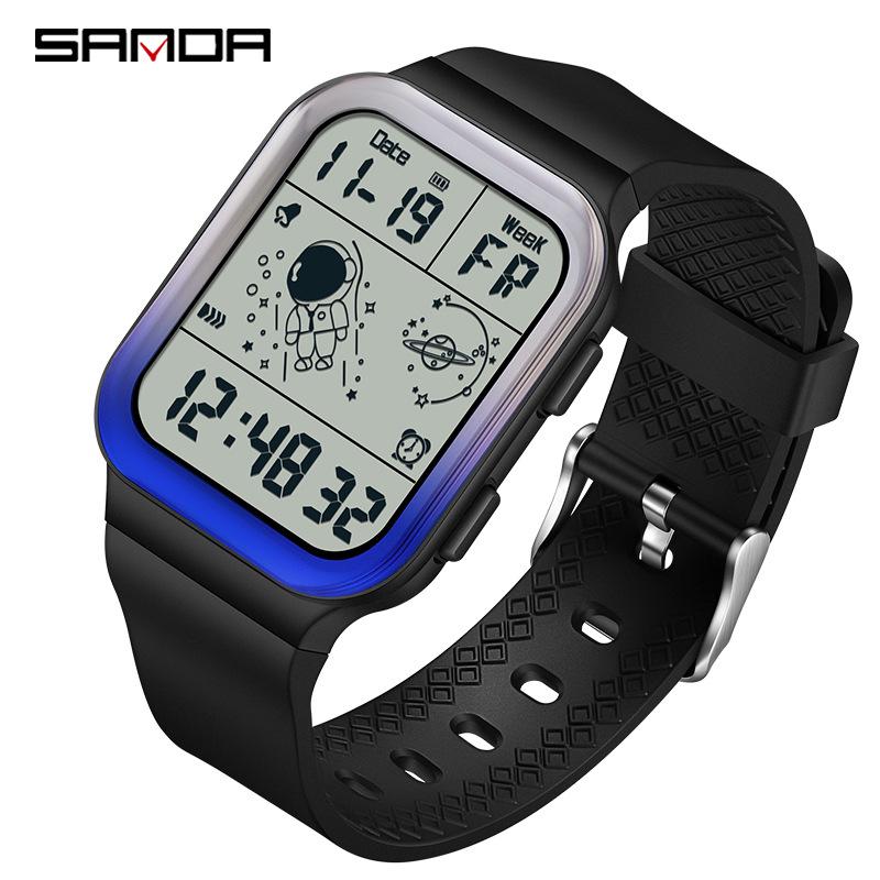 Sanda Astronaut Luminous Waterproof Square Electronic Watch for Students
