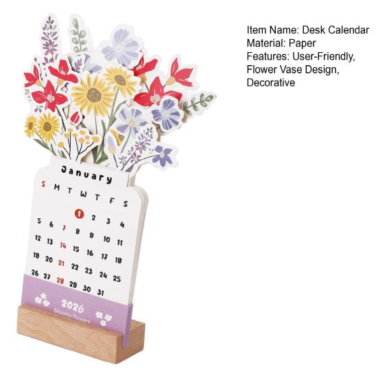 Blumenvase Kalender 2026 Floraler Schreibtischkalender mit Holzfuß Blühender Blumen Monatskalender für Zuhause Büro Schule