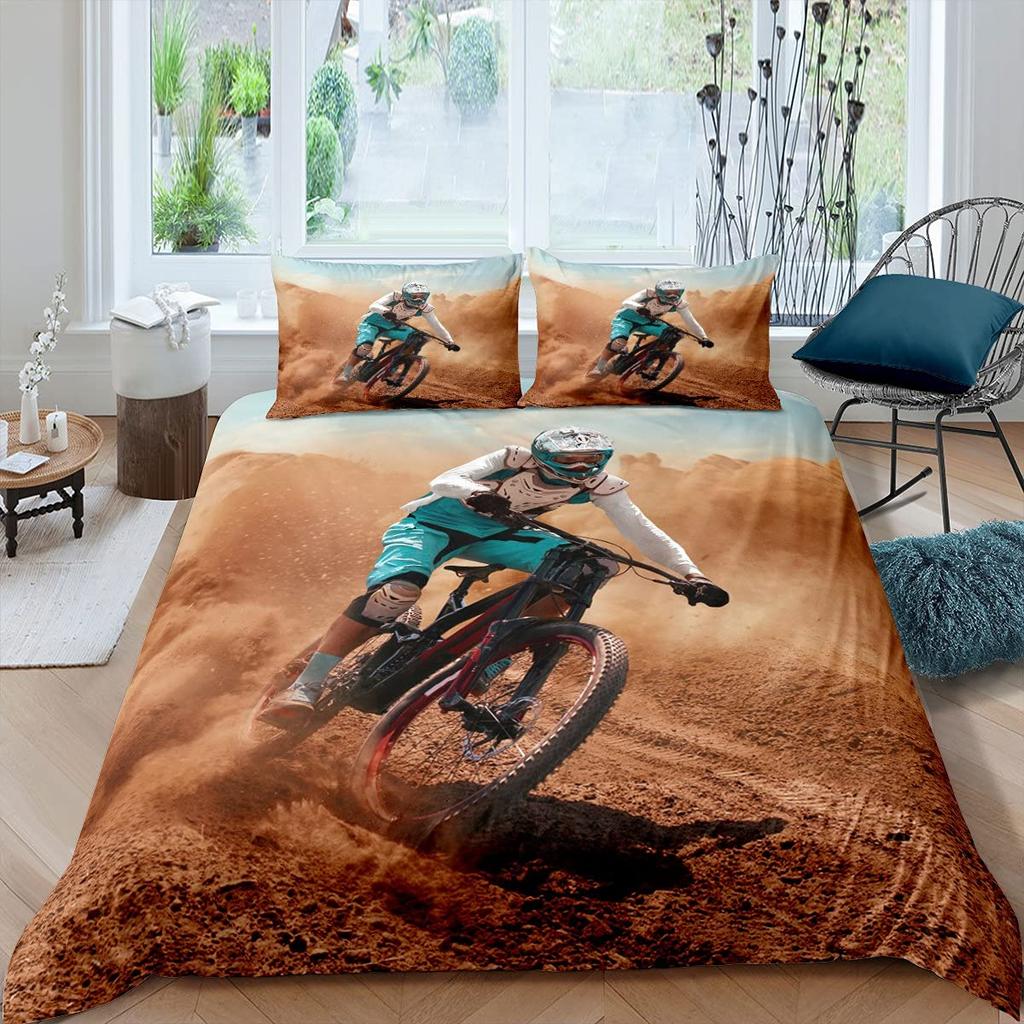 Bicycle Duvet Cover Set Motocross Racer Bedding Set King Size Mountain Bike Comforter Cover Extreme Speed Sports Bedspread Cover