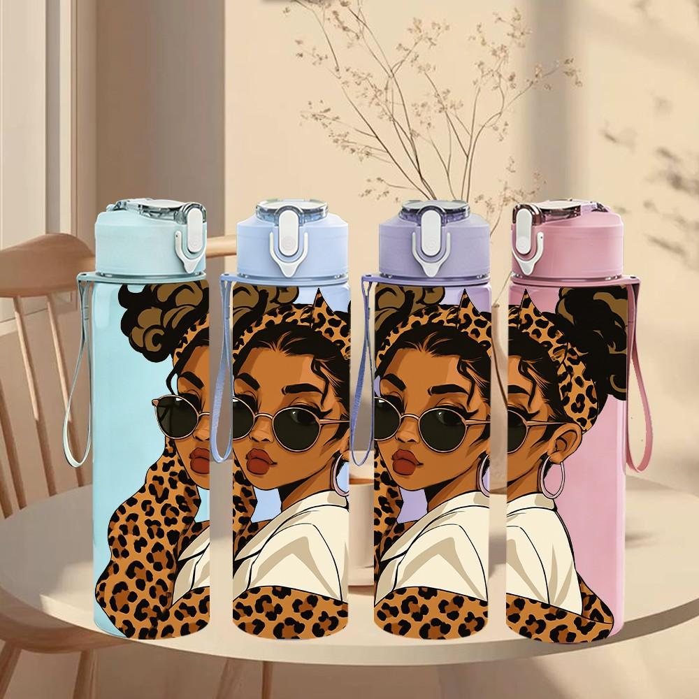 1PC Girl Leopard Hair Fashion Print 750ml Color Plastic Sports Water Bottle Leakproof Flip Straw Lid Suitable for Sports Office Home Use