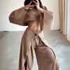 2 Stuks/Set Dames Crop Top Broek Set Lange Mouw Bootnek Korte Top Hoge Taille Onregelmatig Ruches Vetersluiting Omwikkelde Broek