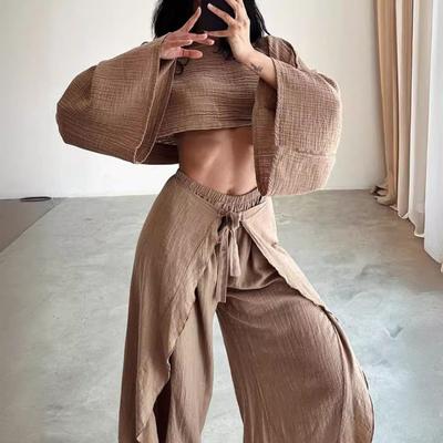2 Pcs/Set Women Crop Top Pants Set Long Sleeve Boat Neck Short Top High Waist Irregular Ruffle Lace-up Wrapped Trousers