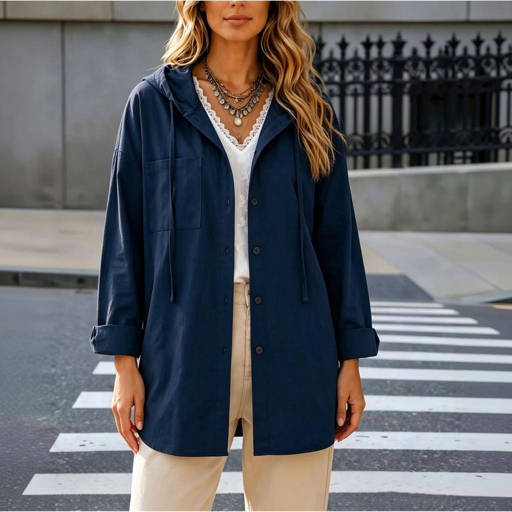 Women's Loose Fit Hooded Cargo Jacket Long Sleeve Color Mid Length Drawstring Shirt Jacket