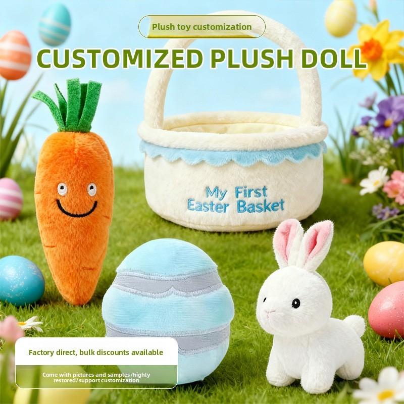 Easter Bunny Plush Toy And Basket Set With Pp Cotton Filling For Seasonal Decorations