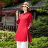 Women's Red Linen Qipao Top Embroidered Half Sleeve Mandarin Collar Asymmetric Tunic
