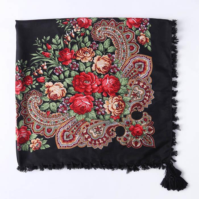 90*90CM Women Russian Style Peony Floral Printed Long Tassel Large Square Scarf Warm Wrap Traditional Ethnic Mexican Shawl
