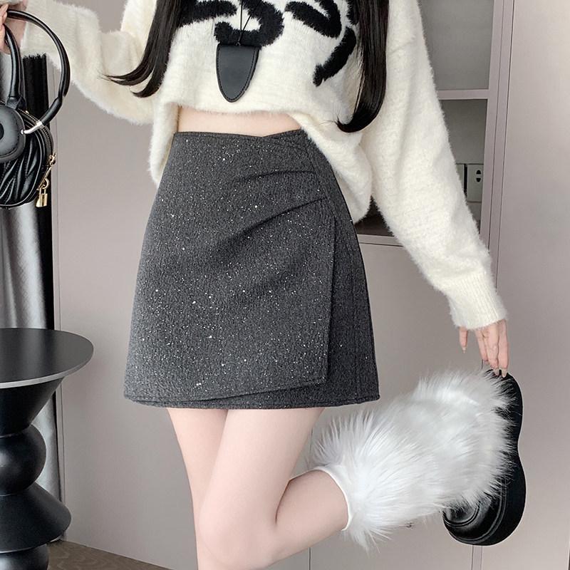 High Waist Irregular A-line Woolen Skirt with Sequins - Women s Autumn/Winter Fashion 4XL серый