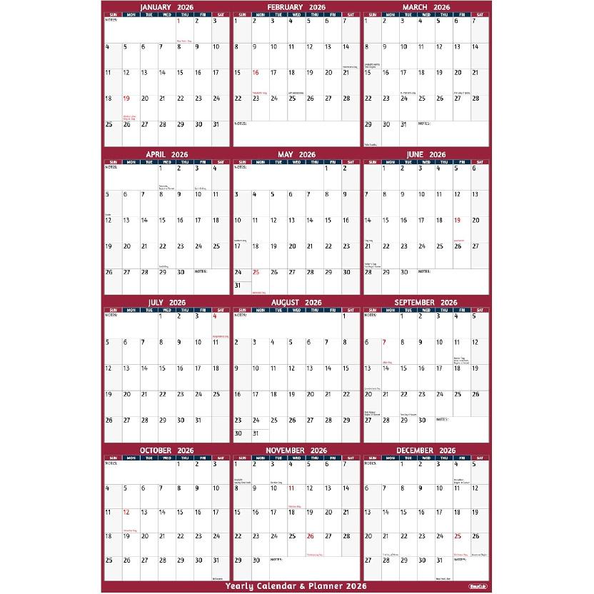 Yearly Wall Calendar 2026 - Large Yearly Calendar 2026 Vetical, Jan 2026 - Dec 2026, 33.7  x 45.1  (Open), 2026 Calendar, Large Wall Calendar 2026, 2026 yearly calendar red
