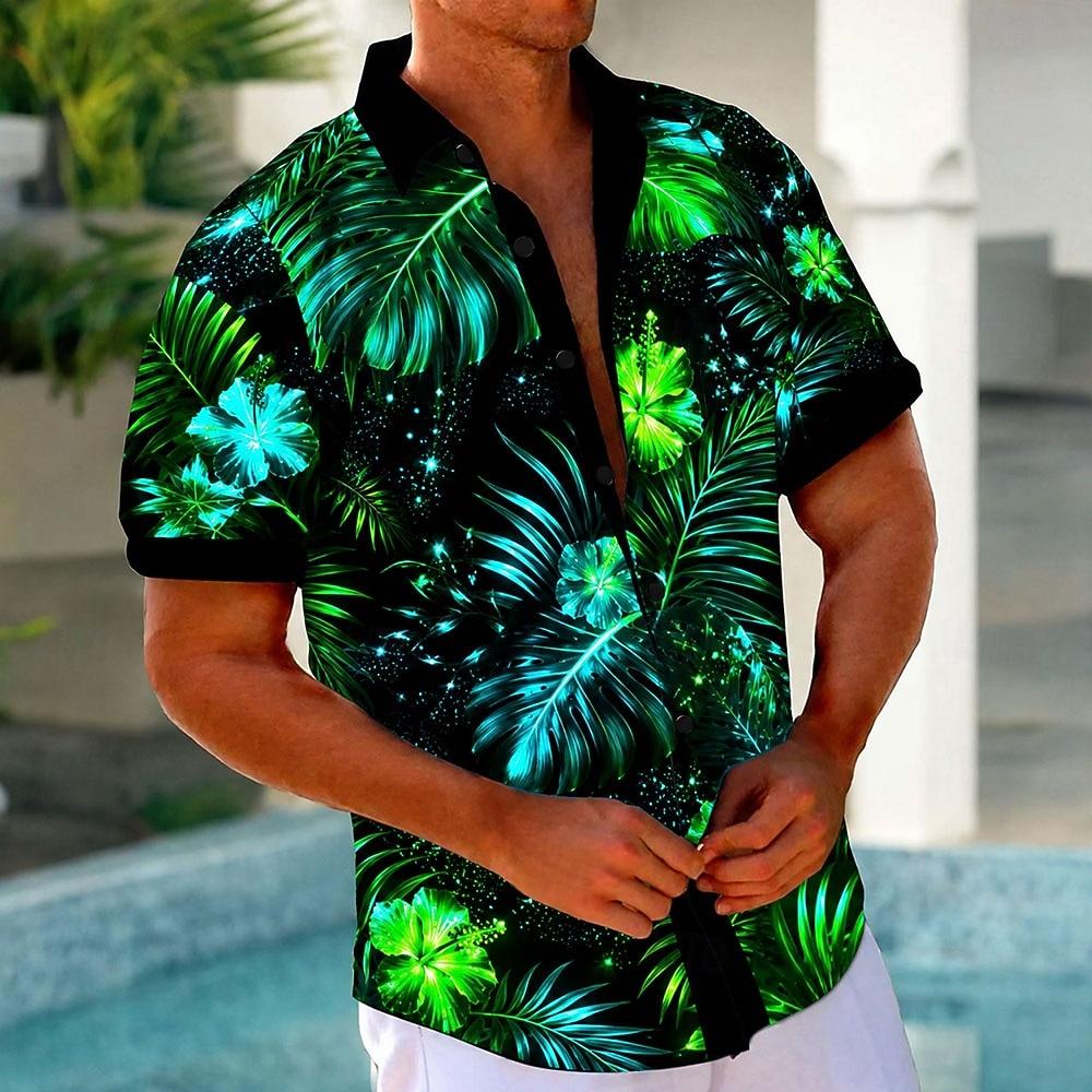 Men's Tropical Flowers Palm Leaf Neon Glow Shirt Summer Hawaiian Shirt Tropical Shirts