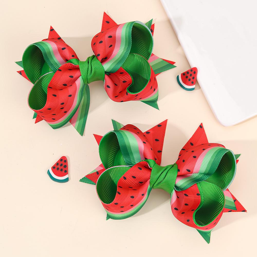 2Pcs Fruit Bow Hair Clips Ribbon Hairpin Summer Watermelon Apple Print Barrette For Girl Children Headwear Headdress Accessories