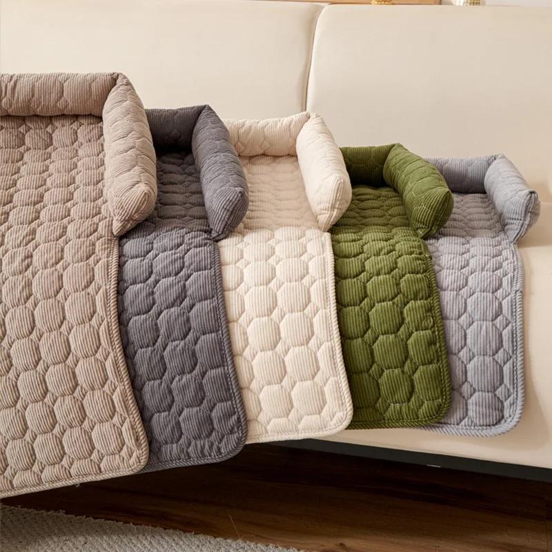 Pets Sofa Mat Anti-slip Thick Plush Plaid Dog Cat Kennel Couch Slipcover with Neck Pillow for Living Room Bed Pad Protector