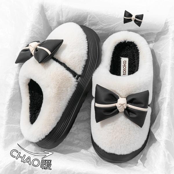 Cotton slippers thick-soled indoor household cartoon cute bow slippers winter bag heel warm home cotton shoes high heel