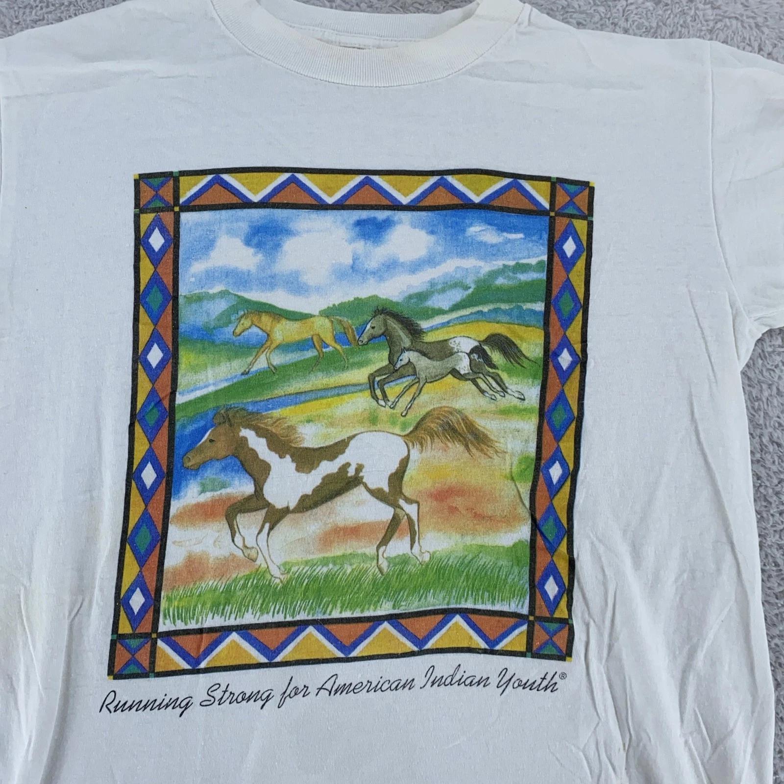 

Vintage Running Strong Shirt Mens Small Wild Horses Graphic Native 90s Tee 3XL