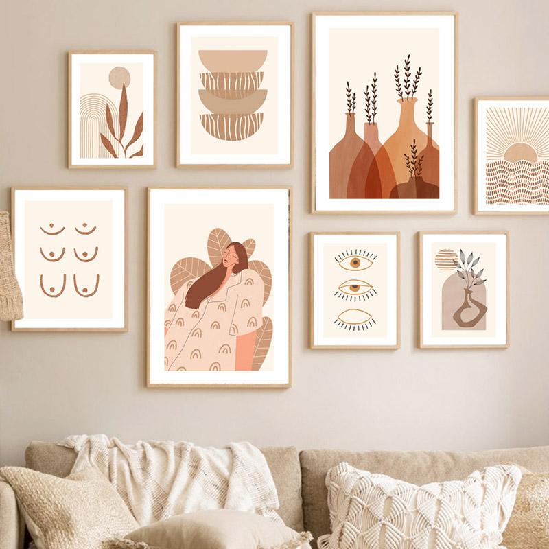 Boho Lines Sun Girl Vase Leaf Rainbow Geometry Wall Art Canvas Painting Nordic Posters And Prints Pictures For Living Room Decor