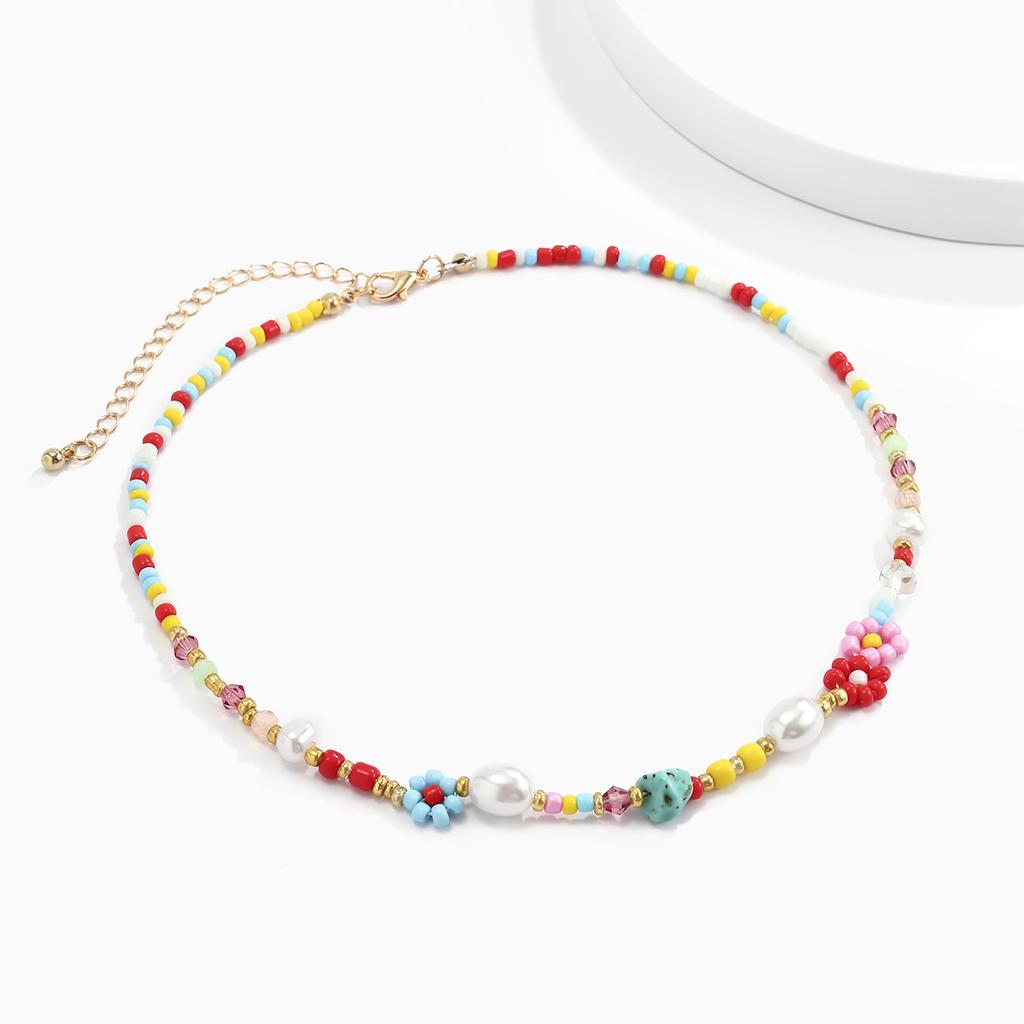 Baroque Simulated Zircons Cute Flowers Colorful Hand-woven Beaded Short Clavicle Chain Choker Necklace For Women Girls Zircon
