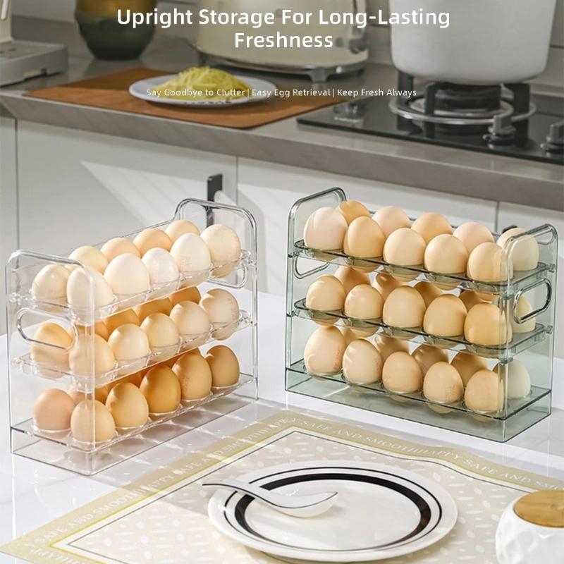 3 Tiers Eggs Holder With One Hand Operations Designs For Fridge Door Storage Clear Plastic Container Holds 30 Eggs
