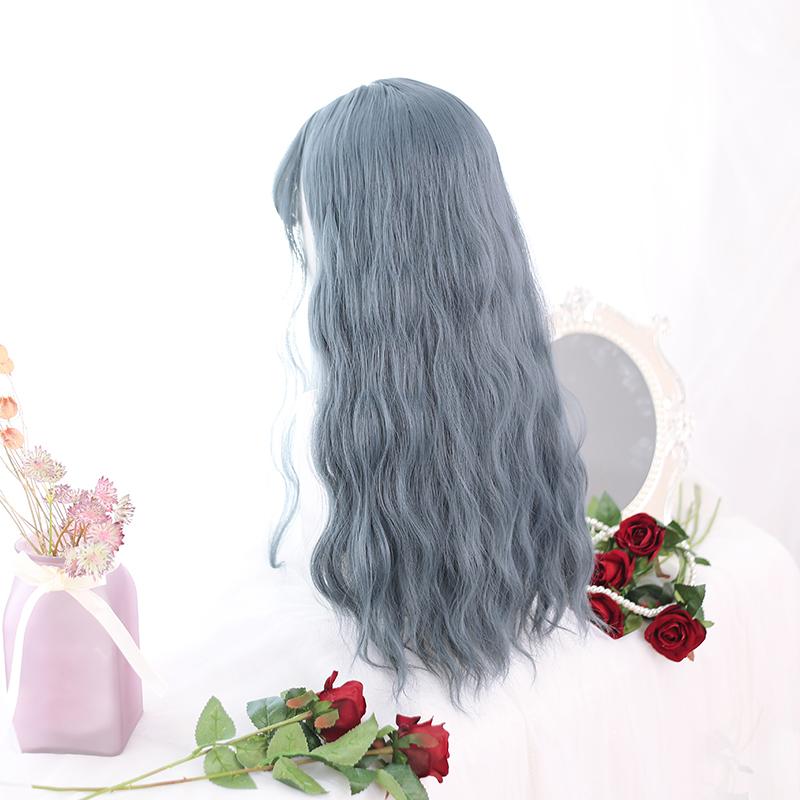 Ombre Nebelblaue Lolita lange gewellte lockige Haarperücke mit Pony süße Mädchen Party Cosplay Perücke hitzebeständige Fasersynthese