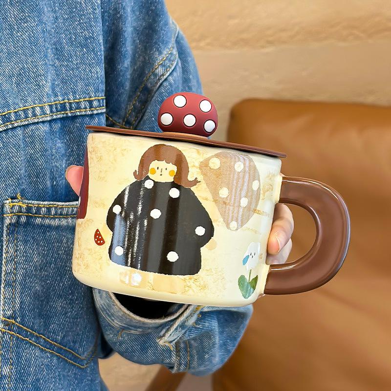 

Cute Mug with Lid Design Sense Cup for Girls Birthday Gifts for People Ceramic Breakfast Cup Water Cup for Women 400ML