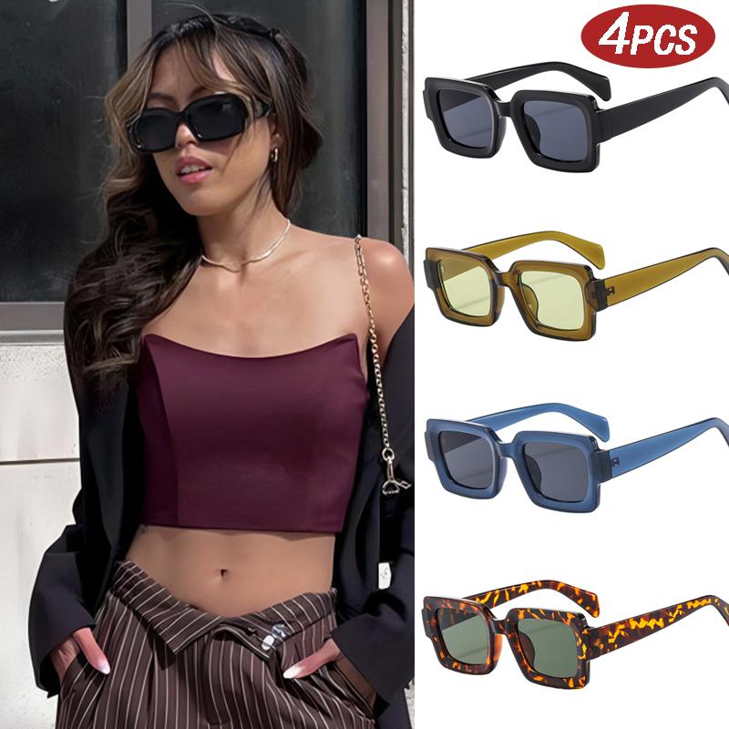 4pcs Vintage Square Punk Sunglasses  Fashion Simple Outdoor Sun Protection Sun Glasses Blue Light Protection Eyrglasses