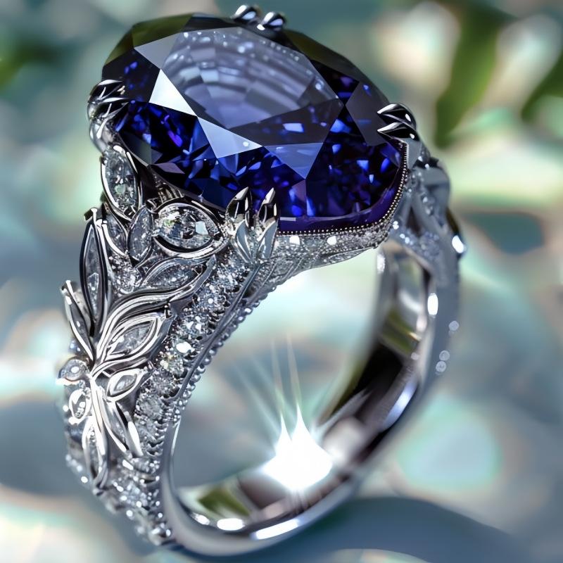 Luxury Female Blue White Zircon Big Stone Engagement Round Leaf Ring Vintage Silver Color Wedding Fashion Jewelry for Women