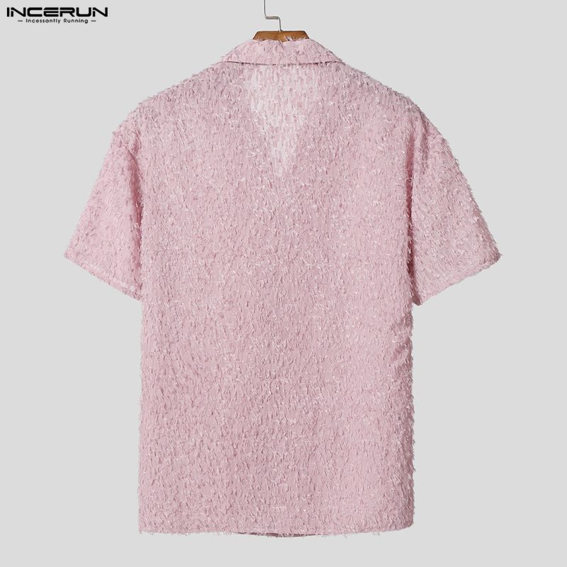 INCERUN Oversized Men Lapel Neck Short Sleeve Tassel Texture Casual Loose Shirts
