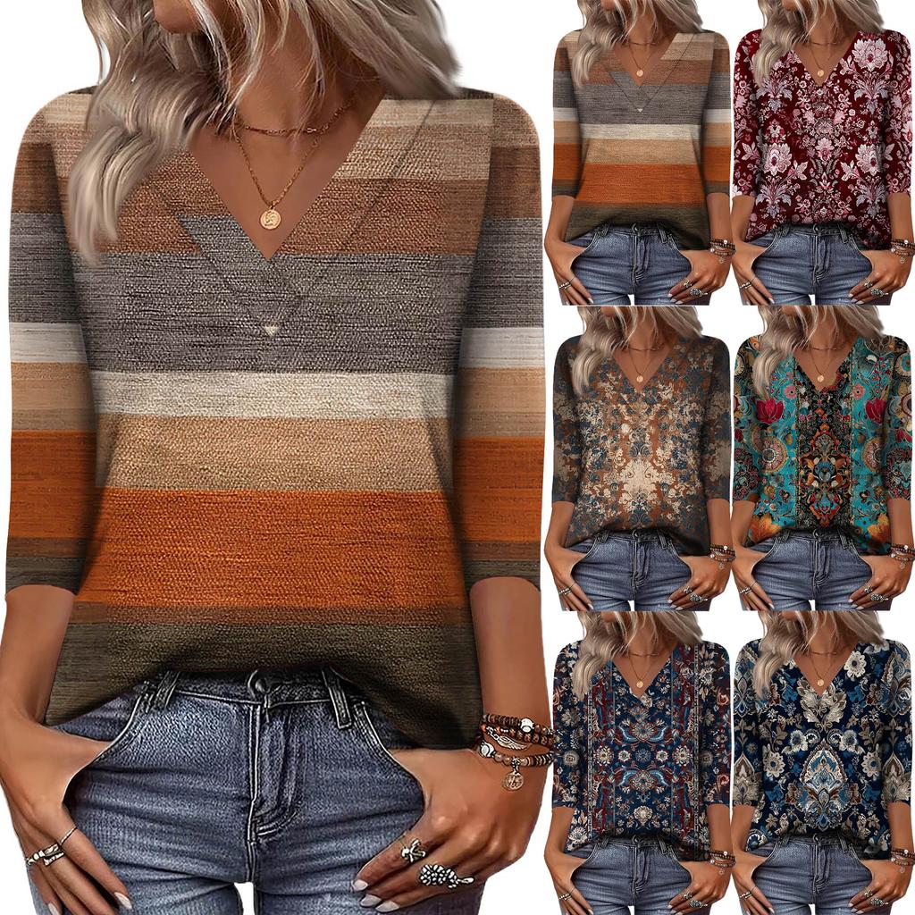 Women's 3/4 Sleeve Shirts V Neck Print Tops Casual Tops Basic Tees Blouse Loose Tops