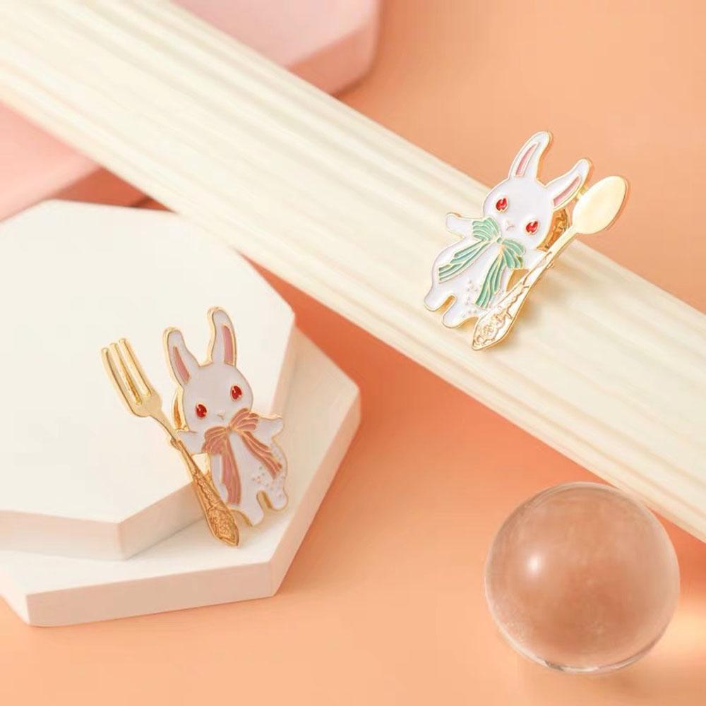 Fork Spoon Pastel Blue Pink Foodie Rabbit Brooch Pin Collar Accessories Bunny Badge Fashion Jewelry