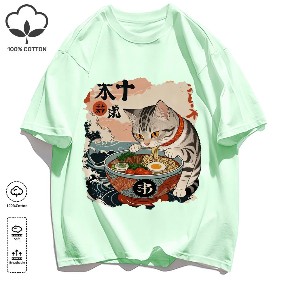 A Cat That Likes To Eat Noodles Print T Shirt Unisex Casual Loose Short Sleeve Summer Soft Clothing O-Neck Unisex Cotton Tee