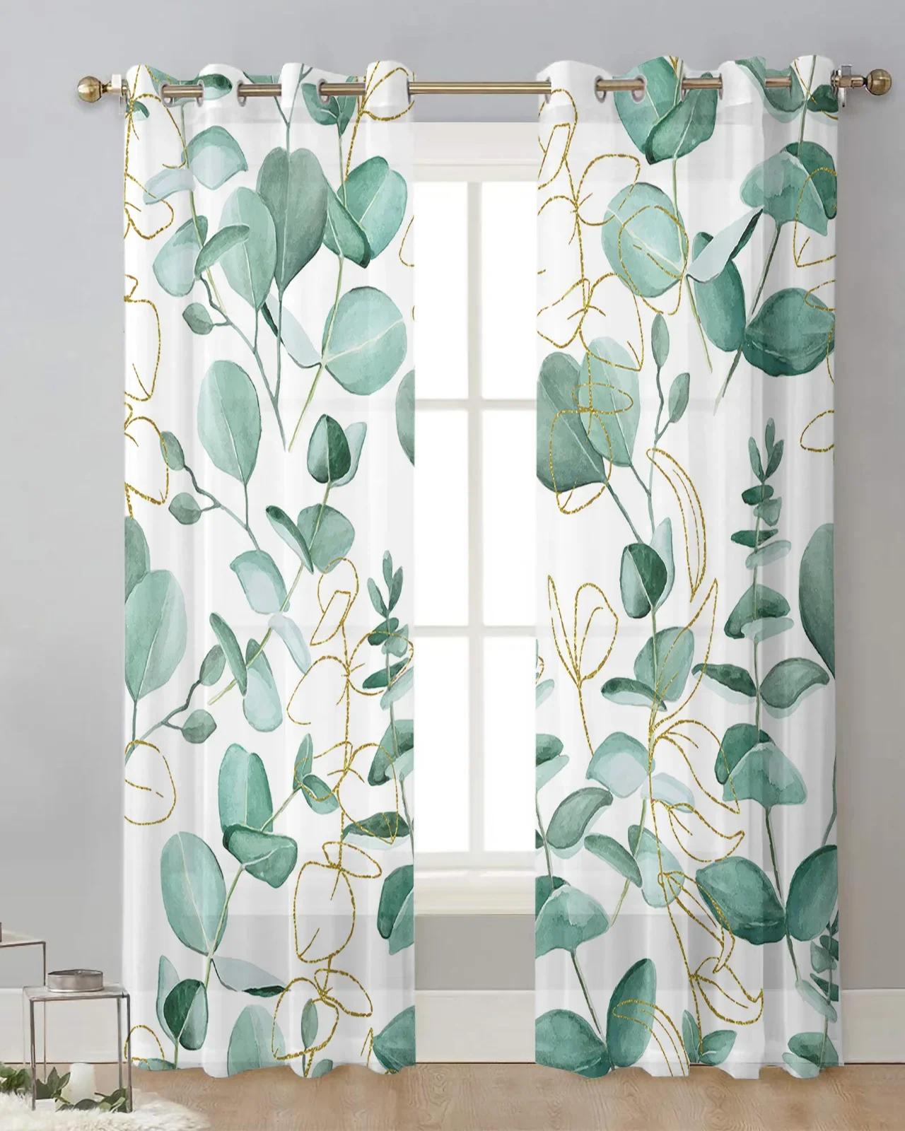 Grünes Blatt Eukalyptus Pflanze Tüll Wohnzimmer Dekoration Transparente Gardinen Schlafzimmer Küche Voile Chiffon Vorhänge W65X60H(cm)X2Pcs&Grommet Top