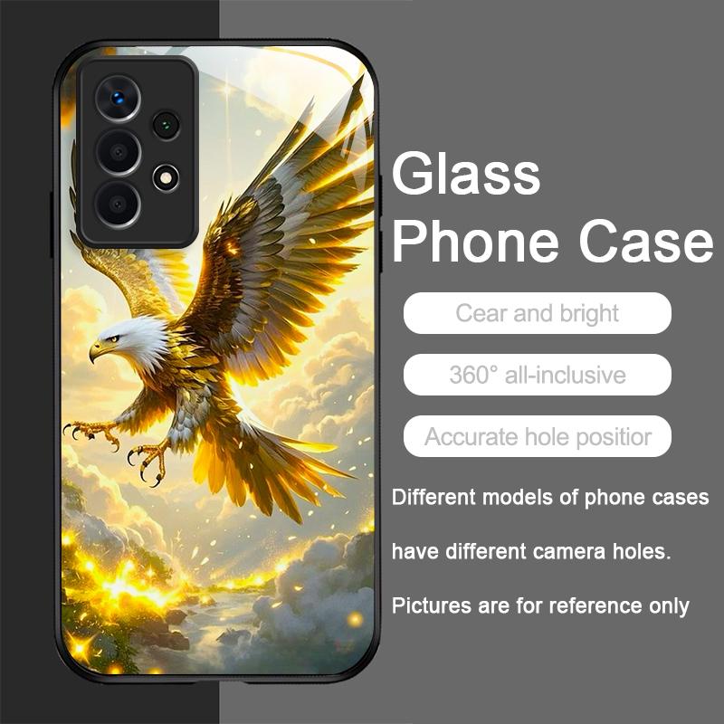 Stylish Eagle Golden Diamond Pattern Tempered Glass Phone Case for Samsung Galaxy S25 Ultra S24 S23 Plus S22+ S21 S20 FE Covers