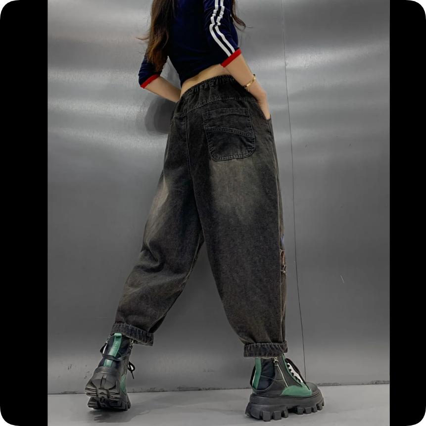 Plus Velvet Thickened Little Girl Embroidered Letters Retro Elastic Denim Harem Pants Women's Winter Leisure Was Thin and Loose Trend