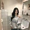 2KWEIRD Sexy Off Shoulder Sweatshirts Women Vintage Y2k Oversized Gray Jersey Tops Korean Style Pullovers Letter Printed Casual