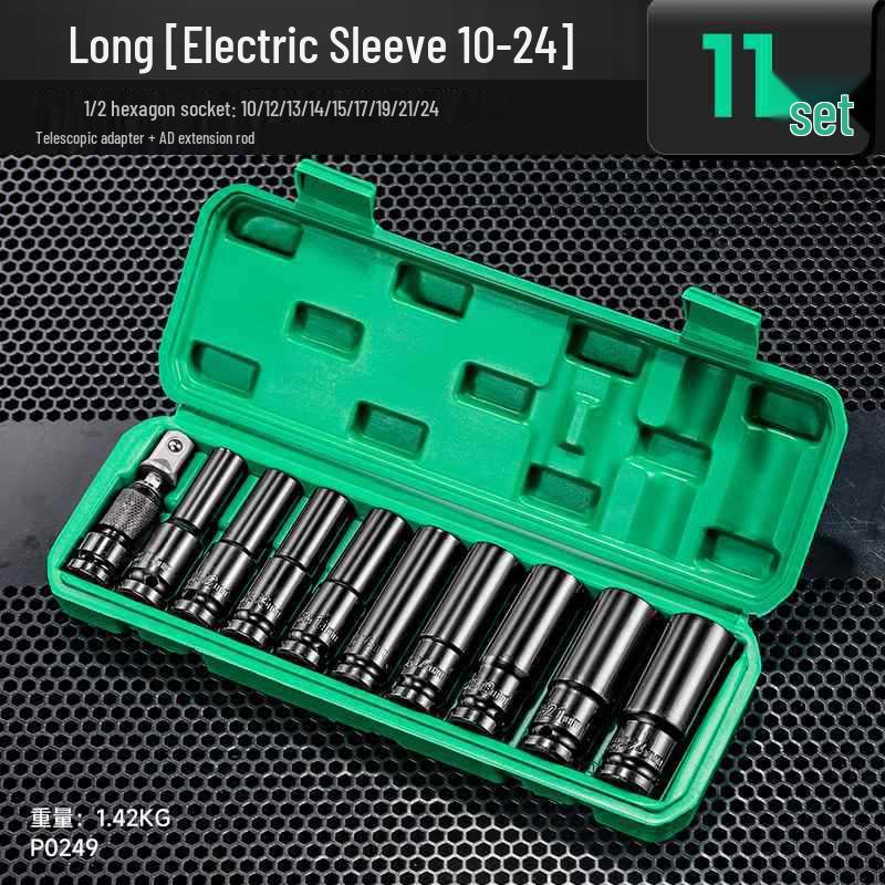 Extended Electric Socket Wrench Set with Large, Medium & Small Hexagonal Air Gun Heads for Auto Repair