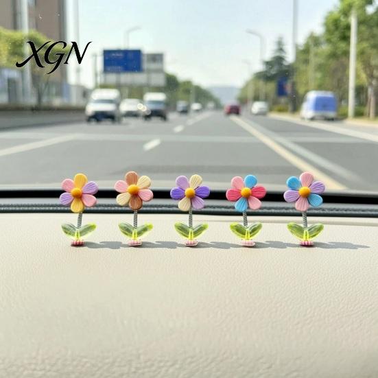 Small Car Decorations 5Pcs Colorful Shaking Flower Decor, Resin Rainbow Sunflower Dashboard Ornament Gadgets for Women with Non Slip Pad, Cute