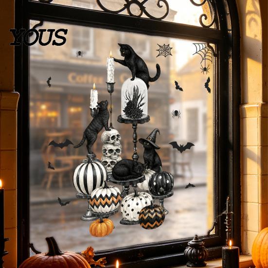 Easy Peel Window Graphics Halloween Spooky Bat Static Clings, Ghost House Glass Stickers, Adhesive-Free Beautification Sets Waterproof Decals for Bar