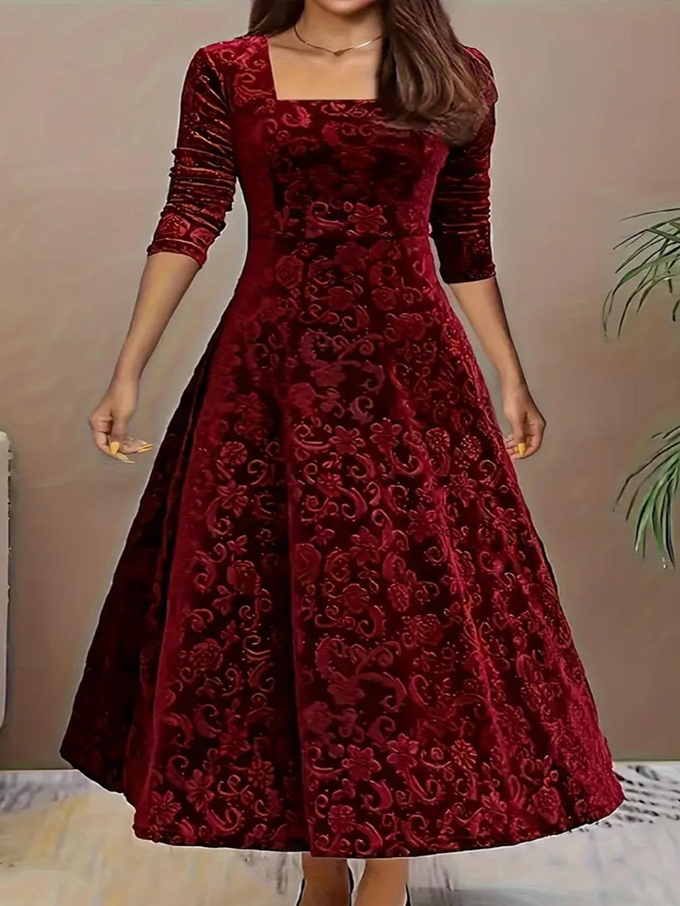 

Elegant Plus Size Gold Velvet Dress: European & American Style, Solid Color, Jacquard Long Sleeve, Square Neck, Loose Fit XXL вина червоного кольору