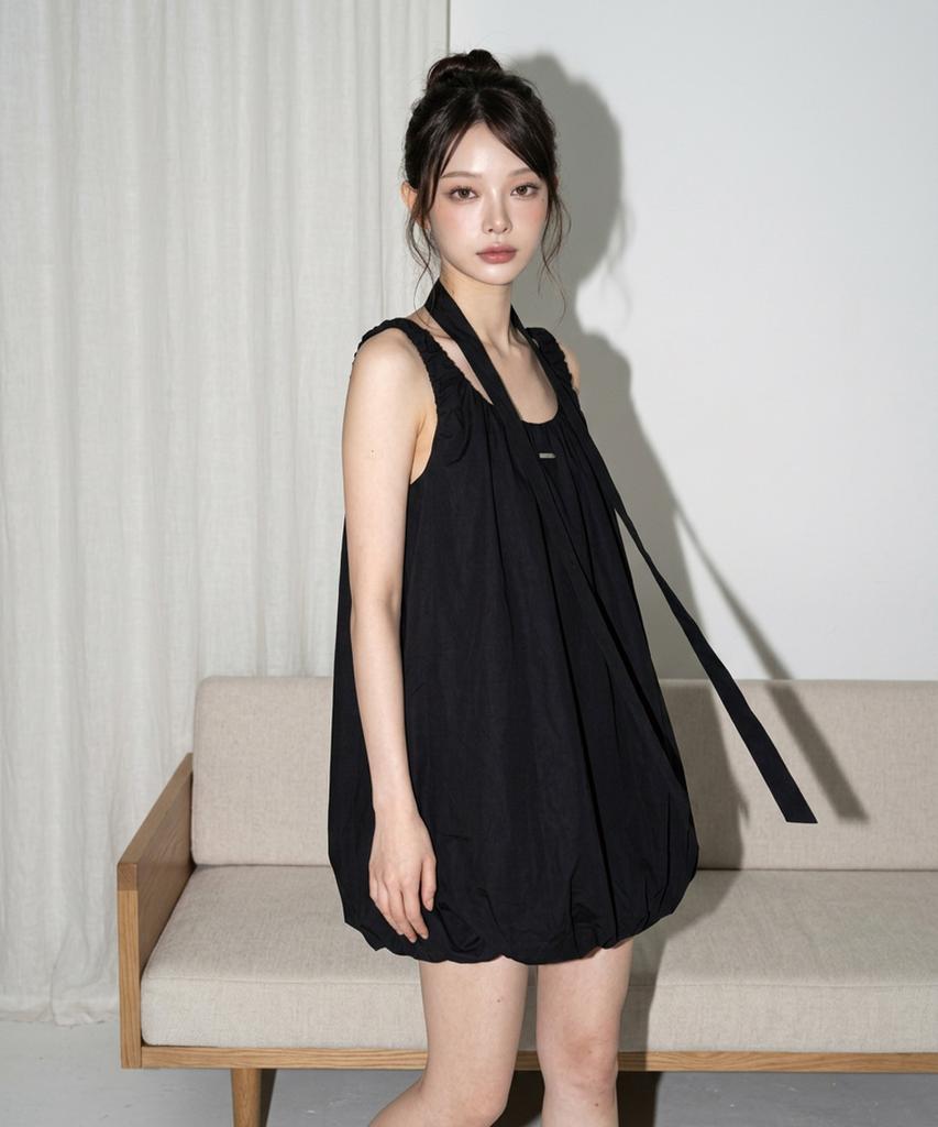 The Green Lab Shirred Sleeveless Mini Dress [Black]