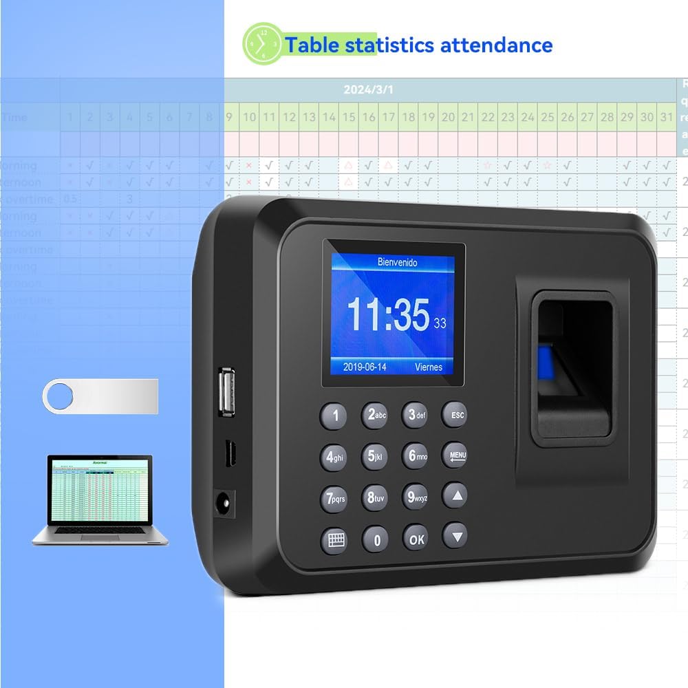 Time Clocks for Employees Small Business Clock In Machine for Employees with 2.4 Inch TFT LCD Screen Fingerprint Time Clock with 8G U Disk