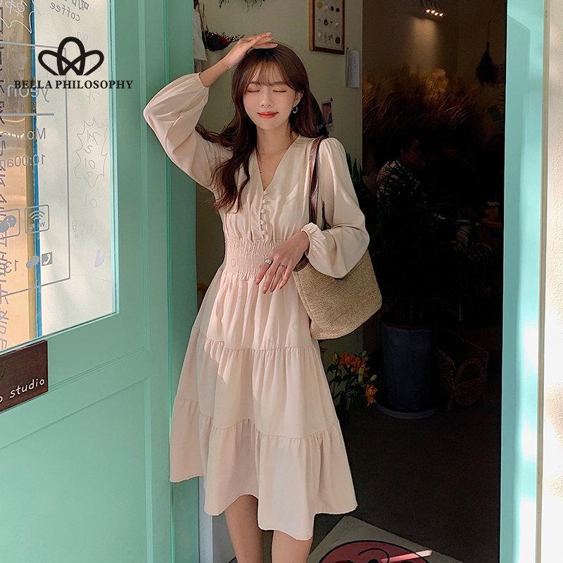 Francouzské jednobarevné dámské ležérní dlouhé společenské šaty s dlouhým rukávem a výstřihem do V