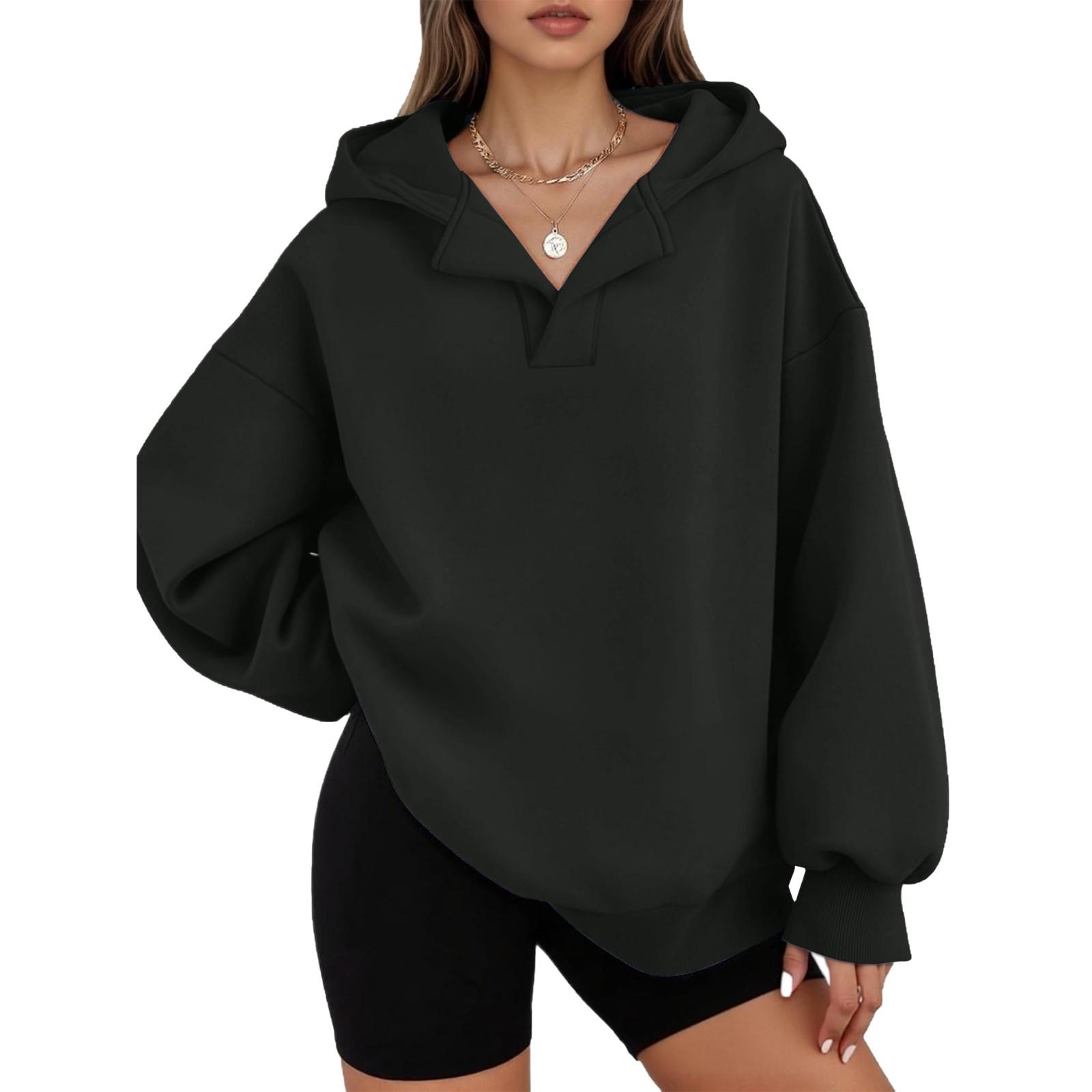 

Women s Casual V-neck Pullover Long-sleeve Solid Color Fleece-lined Hooded Sweatshirt Top L чёрный