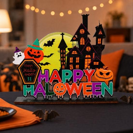 Wooden Halloween Ghost Pumpkin Figurine, Rustic Table Decor for Home Party, Spooky Shelf Decoration for Fall