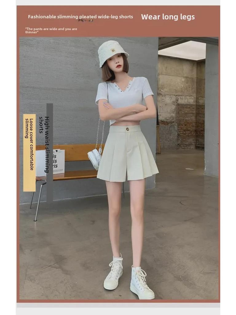Large Black High-Waist Pleated A-Line Wide-Leg Shorts for Women