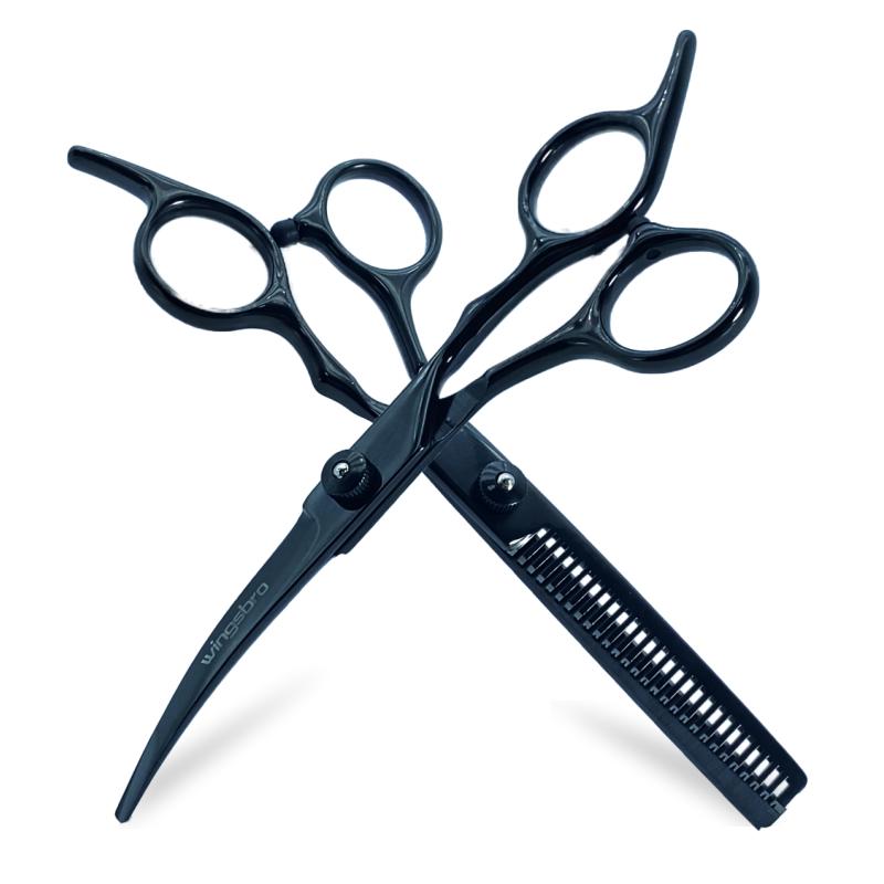 Ensemble de ciseaux de toilettage professionnels noirs 6,5" Ciseaux droits Ciseaux courbes à effiler