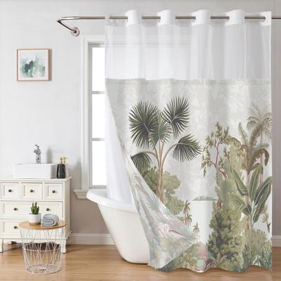 No Hook Plant Pattern Shower Curtain With Snap-in Fabric Liner, Sheer Top Window, Waterproof Double Layer Bathtub Curtain