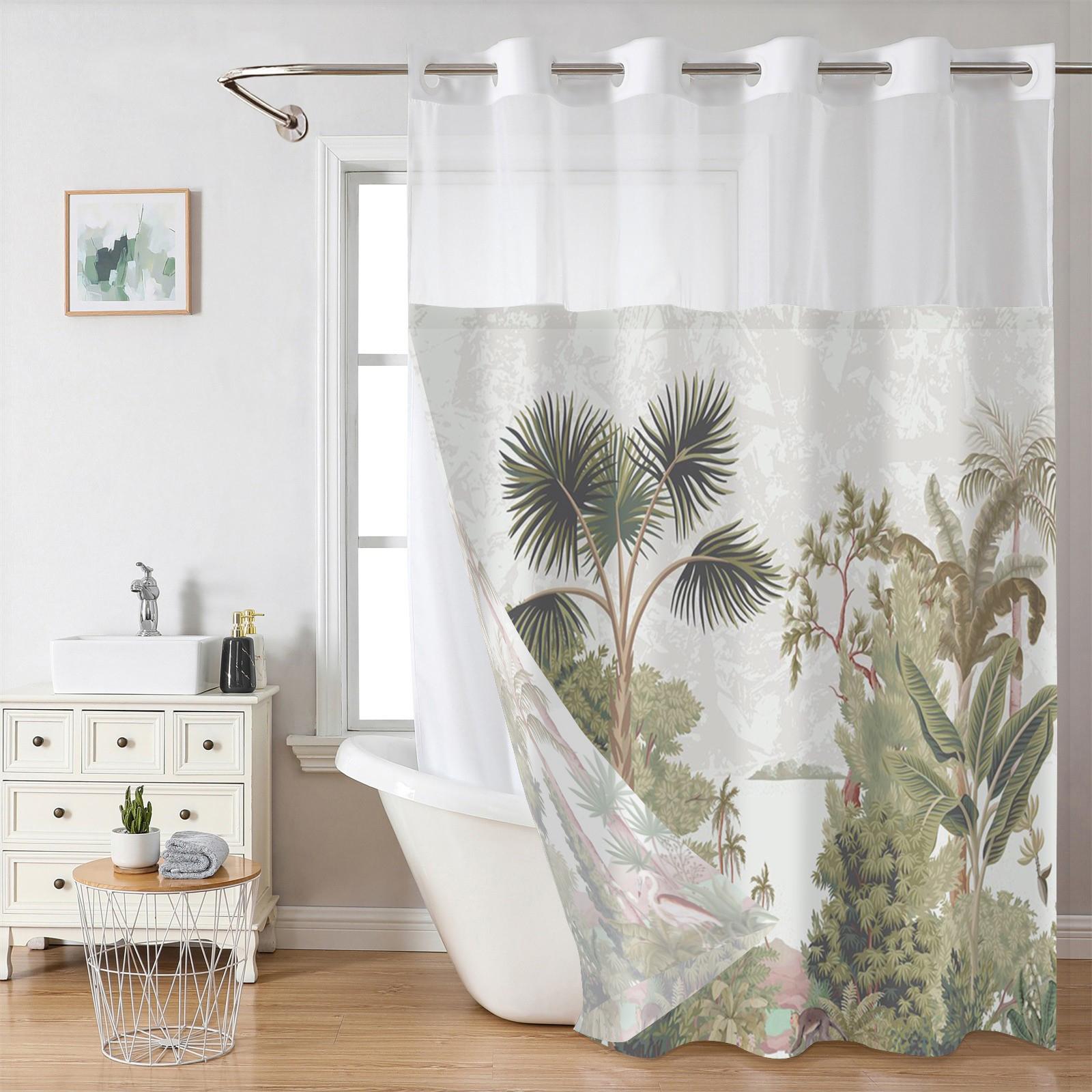 

No Hook plant pattern Shower Curtain With Snap-in Fabric Liner, Sheer Top Window, Waterproof Double Layer Bathtub curtain 180X188cm синий